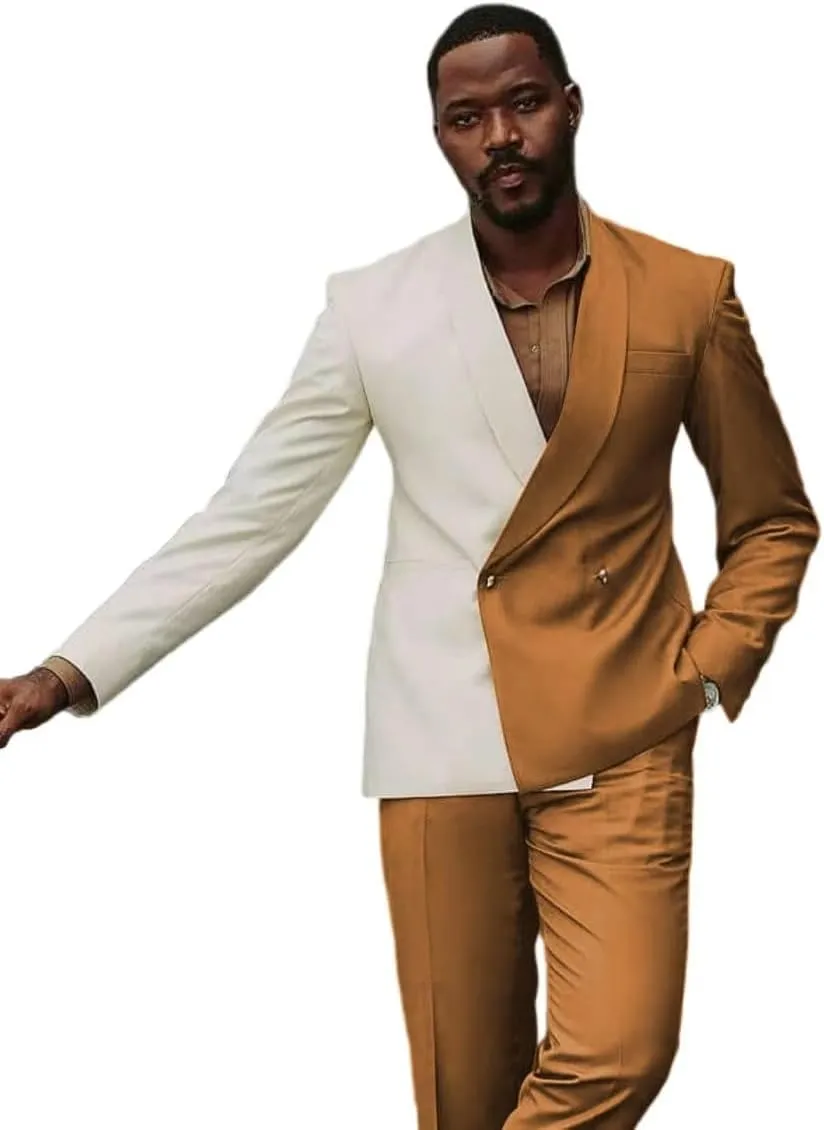 HZUOU Casual Patchwork Men Suits 2 Pieces Shawl Lapel Business Suits Party Prom Double Breasted Wedding Tuxedos HZH23
