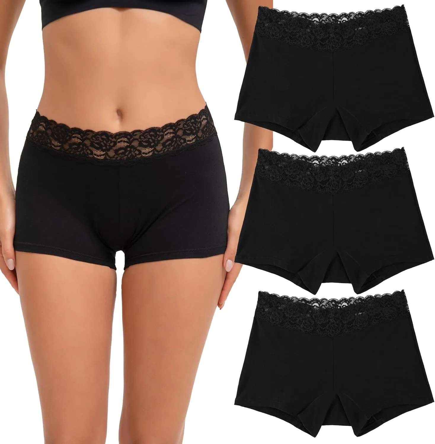 INNERSY Women's Lace Underwear Cotton Soft Boyshorts Panties Boxer Briefs 3-Pack