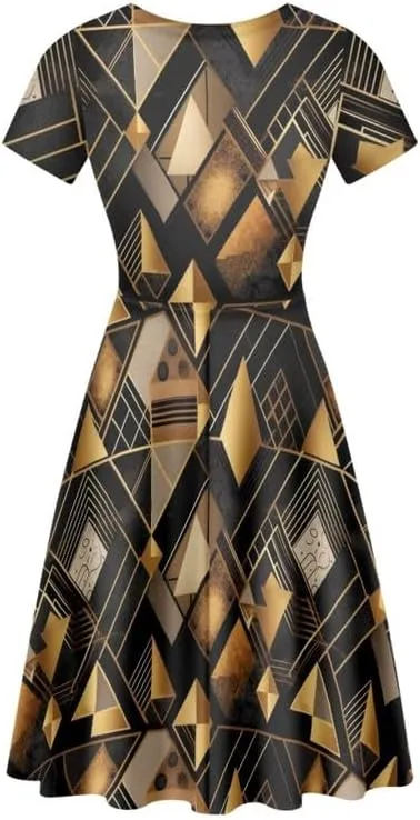 Irisjudy Monet Art Short Sleeve Sun Dress for Women, Minimalist Geometric A-Line Swing Knee Length T Shirt Dress Round Neck