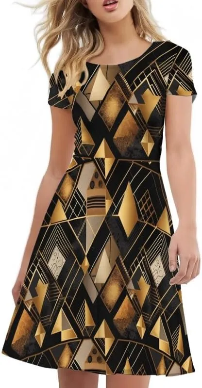 Irisjudy Monet Art Short Sleeve Sun Dress for Women, Minimalist Geometric A-Line Swing Knee Length T Shirt Dress Round Neck