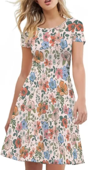 Irisjudy Monet Art Short Sleeve Sun Dress for Women, Minimalist Geometric A-Line Swing Knee Length T Shirt Dress Round Neck