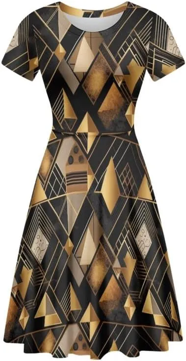 Irisjudy Monet Art Short Sleeve Sun Dress for Women, Minimalist Geometric A-Line Swing Knee Length T Shirt Dress Round Neck