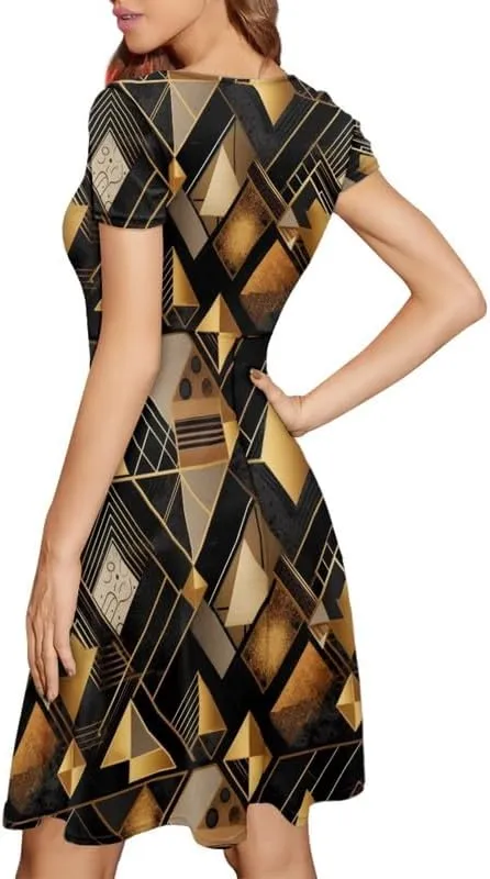 Irisjudy Monet Art Short Sleeve Sun Dress for Women, Minimalist Geometric A-Line Swing Knee Length T Shirt Dress Round Neck