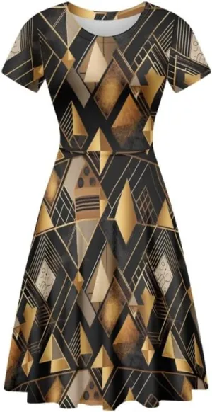 Irisjudy Monet Art Short Sleeve Sun Dress for Women, Minimalist Geometric A-Line Swing Knee Length T Shirt Dress Round Neck
