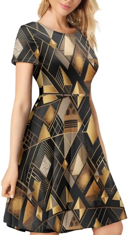Irisjudy Monet Art Short Sleeve Sun Dress for Women, Minimalist Geometric A-Line Swing Knee Length T Shirt Dress Round Neck