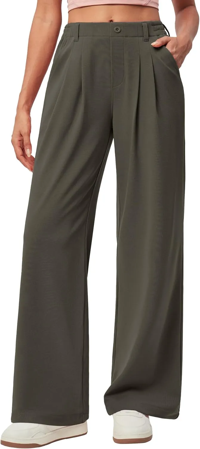 IUGA Wide Leg Pants Woman Pull on Stretchy Work Dress Pants High Waisted Business Casual Trousers Slacks 26''/28''