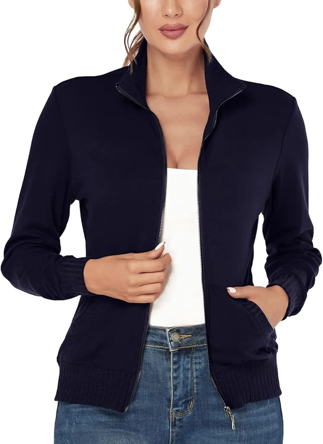 J.Corrine Women's Zip up Sweatshirts Jacket Stand Collar Long Sleeve Running Track Jacket with Pockets