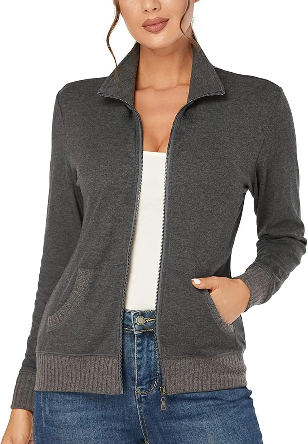 J.Corrine Women's Zip up Sweatshirts Jacket Stand Collar Long Sleeve Running Track Jacket with Pockets