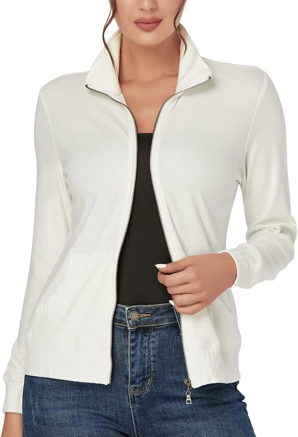 J.Corrine Women's Zip up Sweatshirts Jacket Stand Collar Long Sleeve Running Track Jacket with Pockets