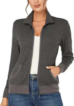 J.Corrine Women's Zip up Sweatshirts Jacket Stand Collar Long Sleeve Running Track Jacket with Pockets