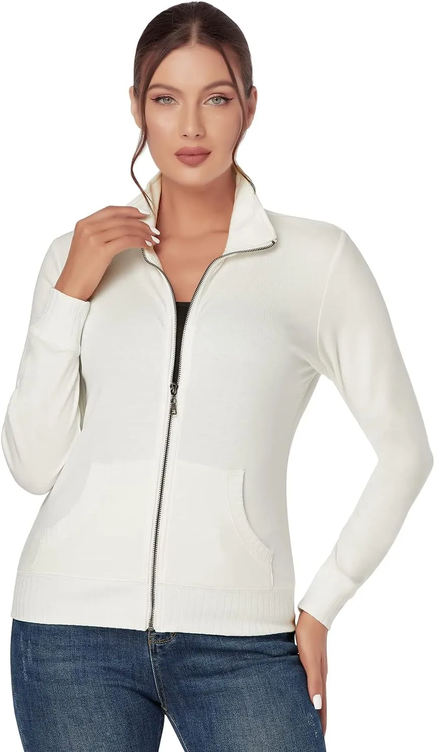 J.Corrine Women's Zip up Sweatshirts Jacket Stand Collar Long Sleeve Running Track Jacket with Pockets