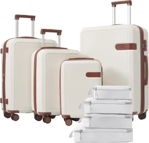 JCSD Lightweight 4-Piece Luggage Set with Compression Packing Cubes, Expandable Spinner Wheels, Travel-Friendly, Brown and White