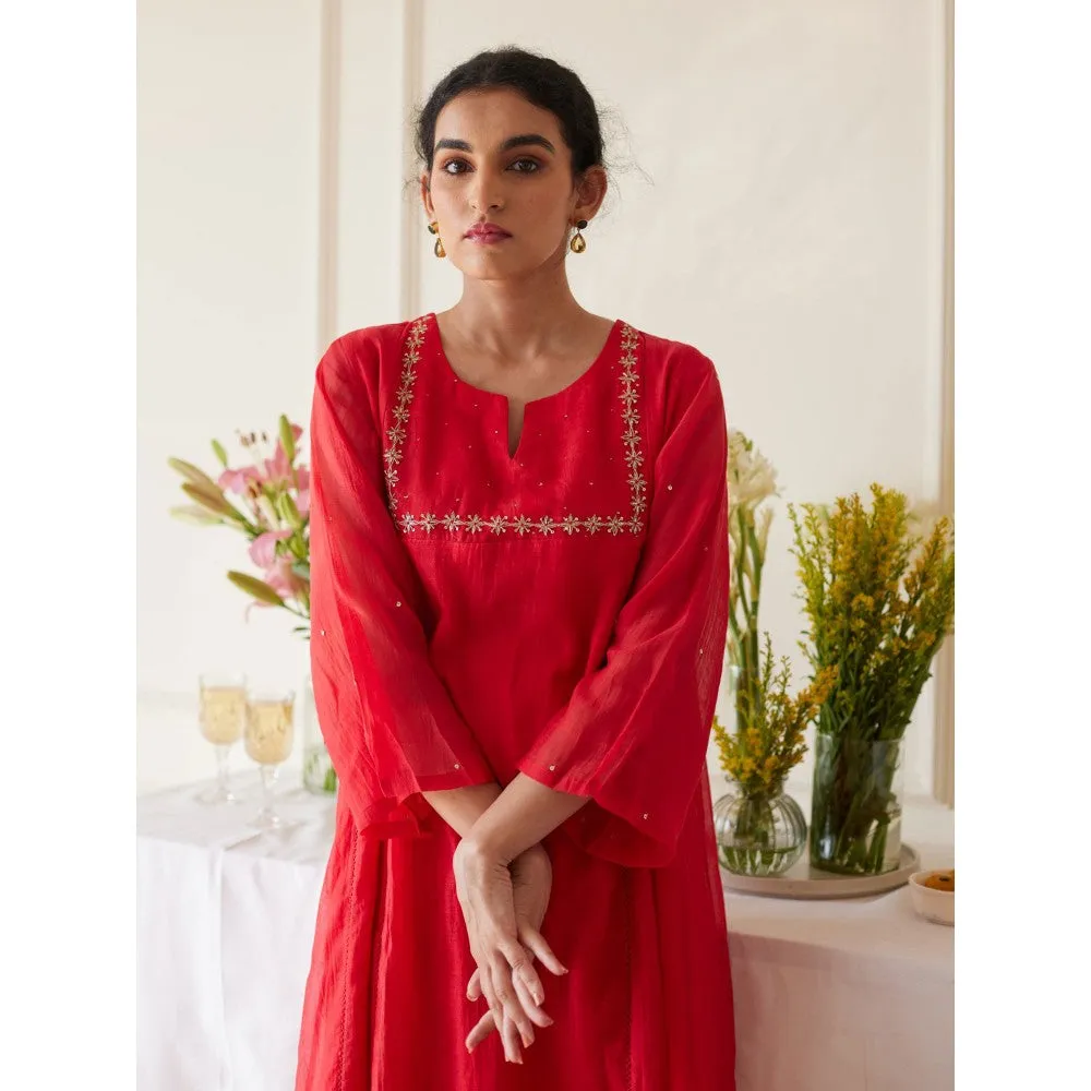 Juanita Red Handwoven Chanderi Kurta & Pant (Set of 2)