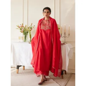Juanita Red Handwoven Chanderi Kurta & Pant with Dupatta (Set of 3)