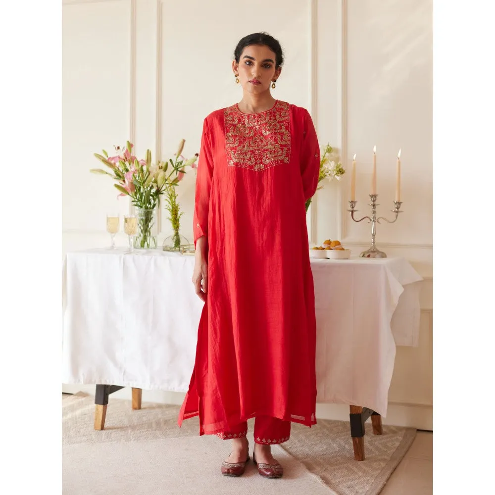 Juanita Red Handwoven Chanderi Kurta & Pant with Dupatta (Set of 3)