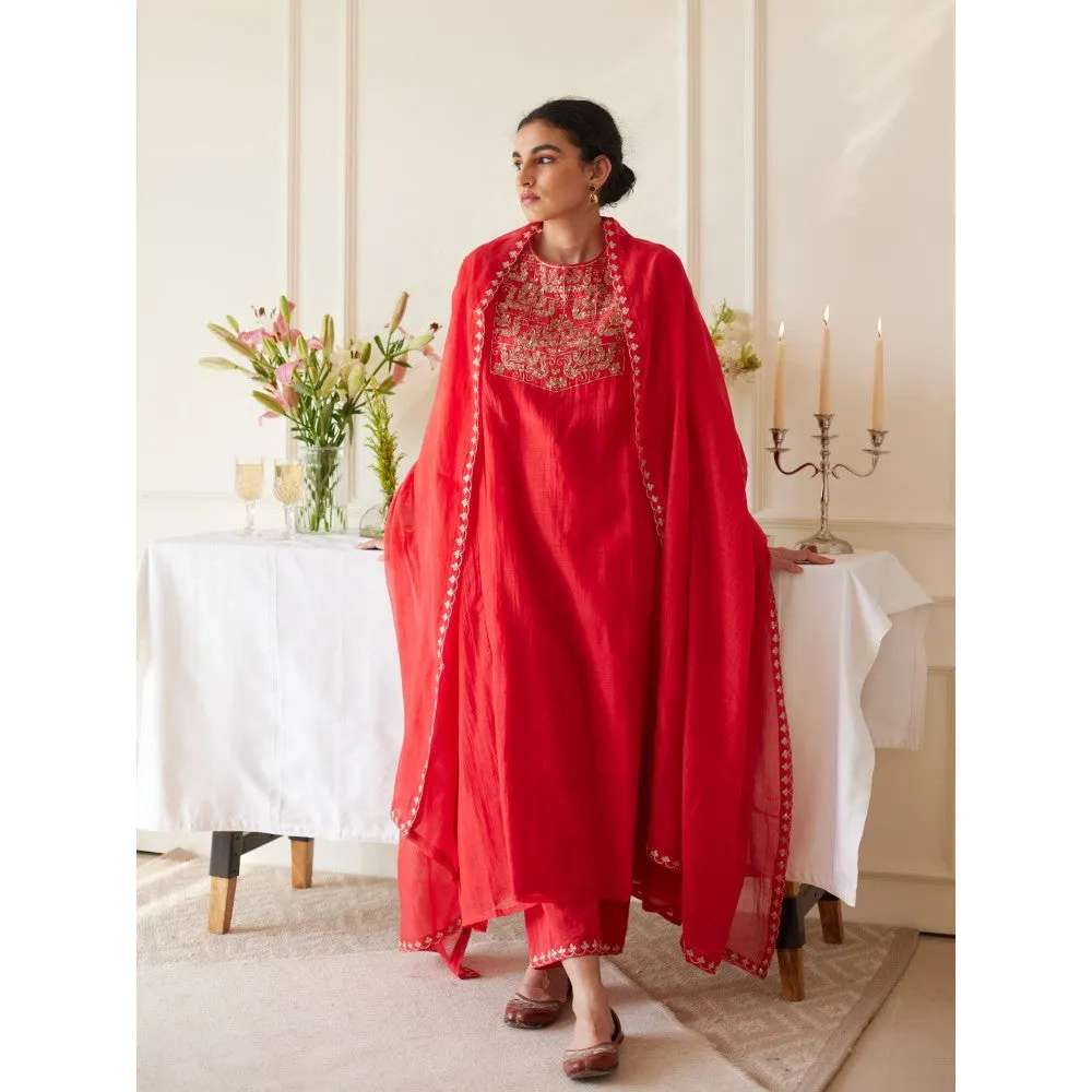 Juanita Red Handwoven Chanderi Kurta & Pant with Dupatta (Set of 3)