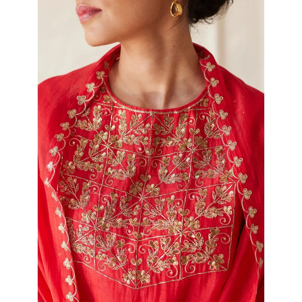 Juanita Red Handwoven Chanderi Kurta & Pant with Dupatta (Set of 3)
