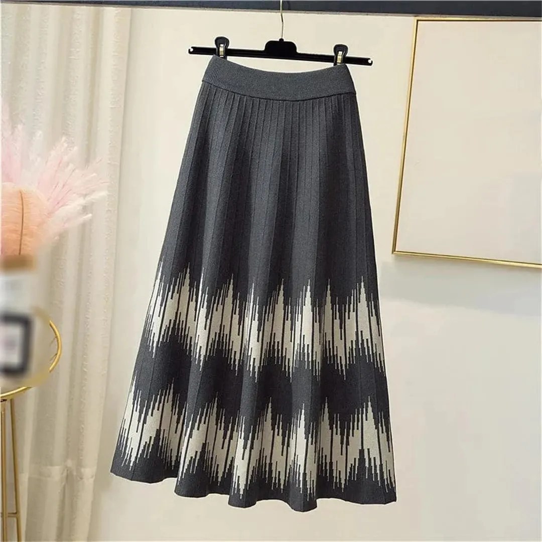 Knitted Midi Skirts Women Harajuku Print High Waist A Line Skirt Korean Elegant Geometric Pattern Pleated Skirt