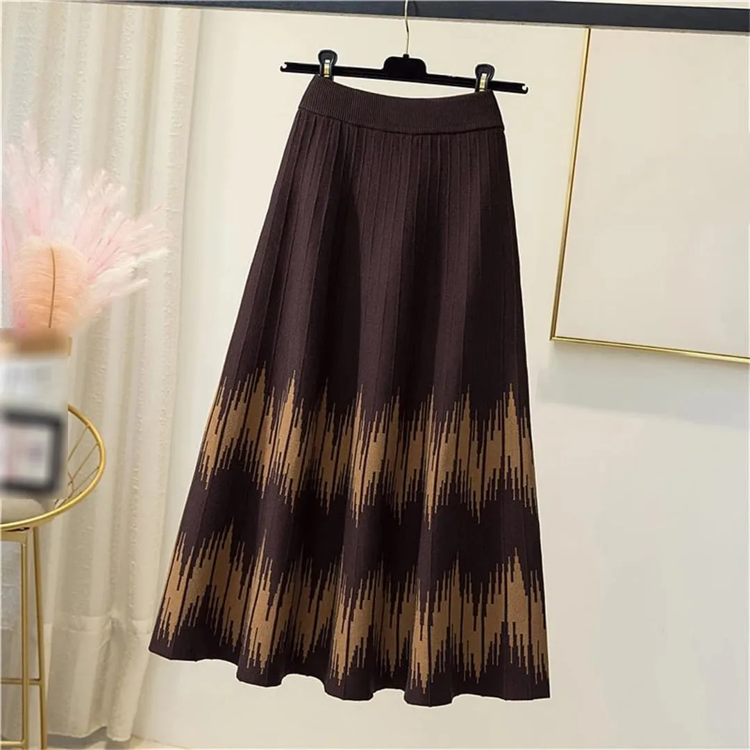 Knitted Midi Skirts Women Harajuku Print High Waist A Line Skirt Korean Elegant Geometric Pattern Pleated Skirt