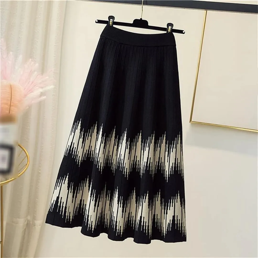 Knitted Midi Skirts Women Harajuku Print High Waist A Line Skirt Korean Elegant Geometric Pattern Pleated Skirt
