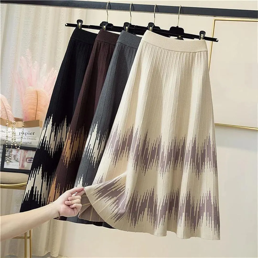 Knitted Midi Skirts Women Harajuku Print High Waist A Line Skirt Korean Elegant Geometric Pattern Pleated Skirt