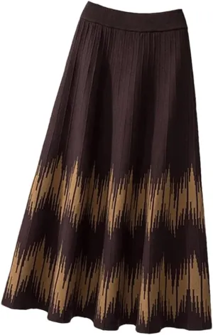 Knitted Midi Skirts Women Harajuku Print High Waist A Line Skirt Korean Elegant Geometric Pattern Pleated Skirt