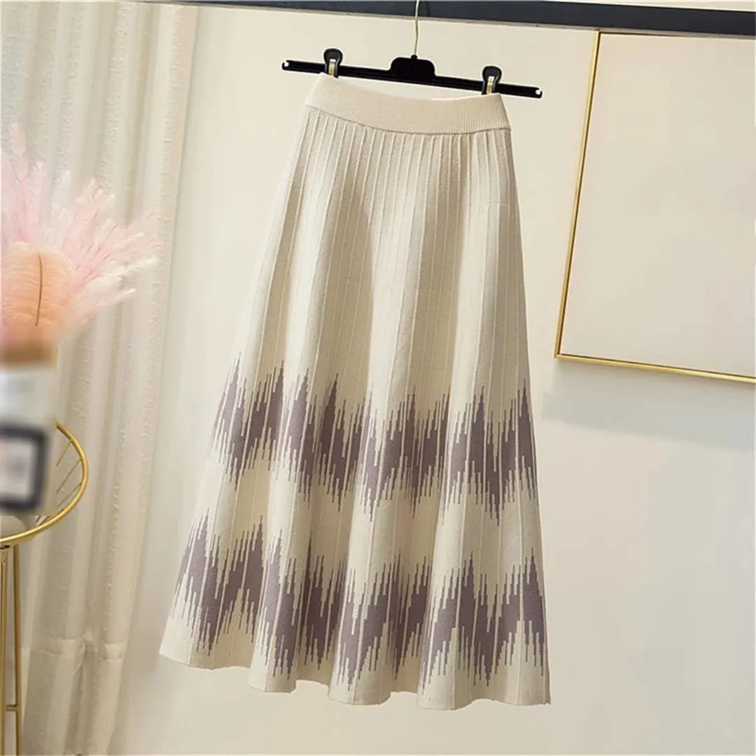 Knitted Midi Skirts Women Harajuku Print High Waist A Line Skirt Korean Elegant Geometric Pattern Pleated Skirt
