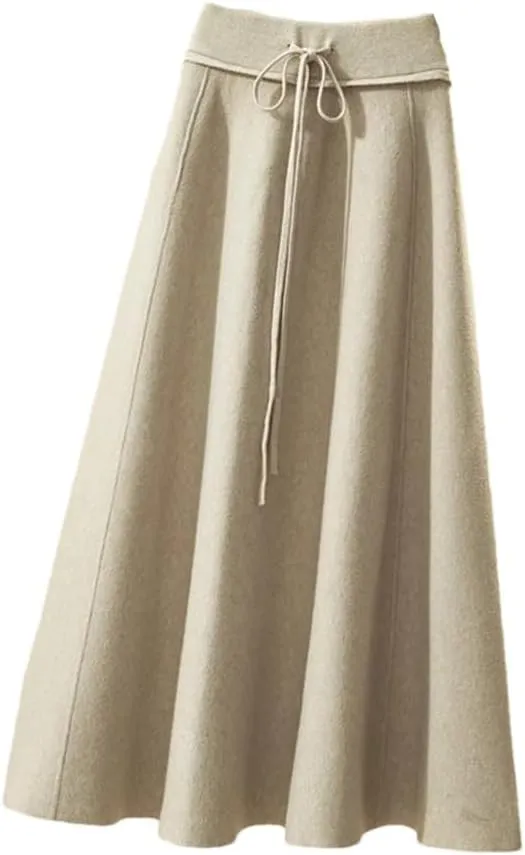 Knitted Midi Skirts Women High Waist Pleated A Line Skirt Korean Elegant Autumn Winter Lace Up Bandage Slim Skirt