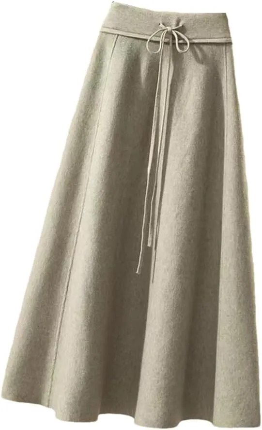 Knitted Midi Skirts Women High Waist Pleated A Line Skirt Korean Elegant Autumn Winter Lace Up Bandage Slim Skirt