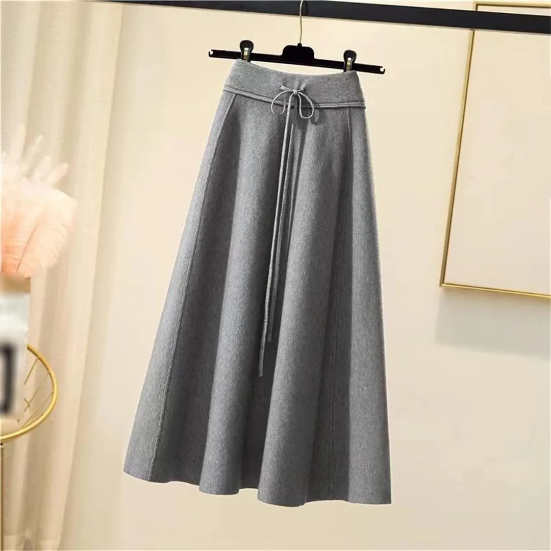 Knitted Midi Skirts Women High Waist Pleated A Line Skirt Korean Elegant Autumn Winter Lace Up Bandage Slim Skirt