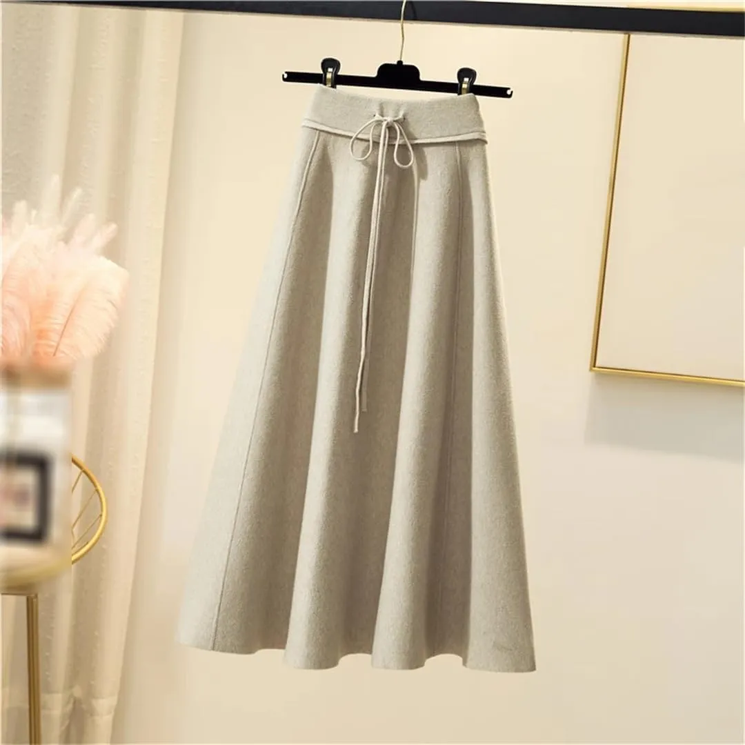 Knitted Midi Skirts Women High Waist Pleated A Line Skirt Korean Elegant Autumn Winter Lace Up Bandage Slim Skirt