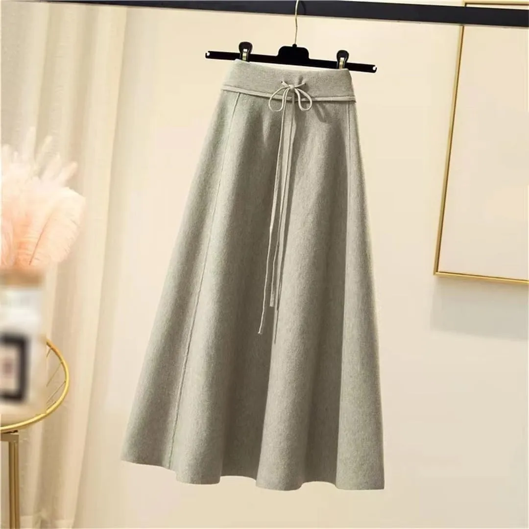 Knitted Midi Skirts Women High Waist Pleated A Line Skirt Korean Elegant Autumn Winter Lace Up Bandage Slim Skirt