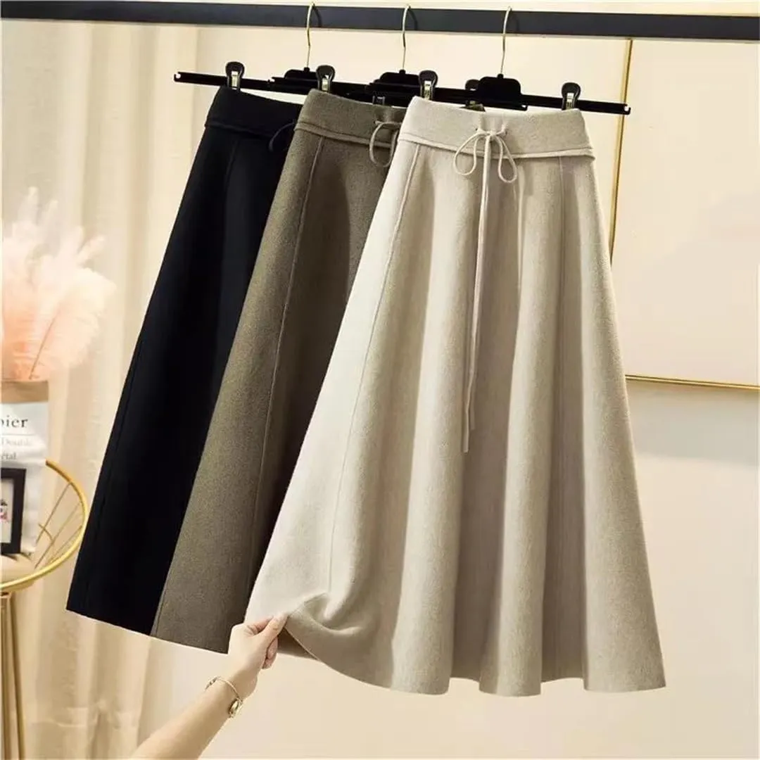 Knitted Midi Skirts Women High Waist Pleated A Line Skirt Korean Elegant Autumn Winter Lace Up Bandage Slim Skirt