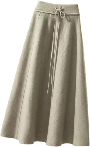 Knitted Midi Skirts Women High Waist Pleated A Line Skirt Korean Elegant Autumn Winter Lace Up Bandage Slim Skirt
