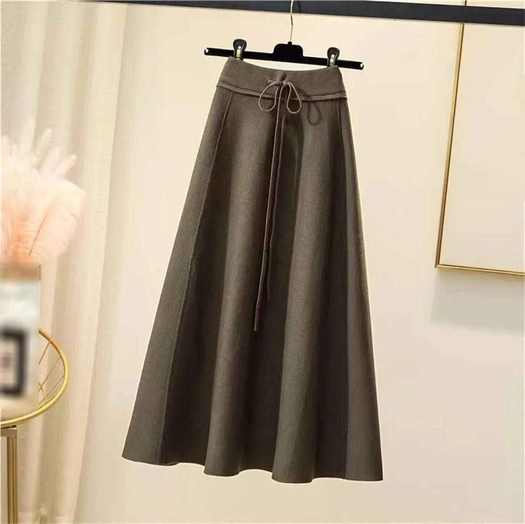 Knitted Midi Skirts Women High Waist Pleated A Line Skirt Korean Elegant Autumn Winter Lace Up Bandage Slim Skirt