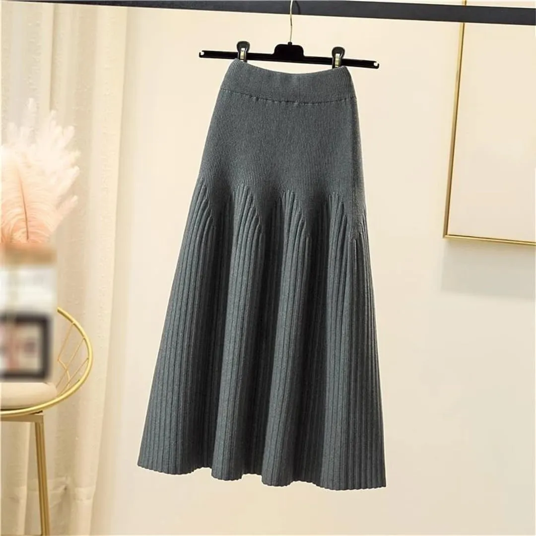 Knitted Midi Skirts Women Solid Pleated A Line Skirt Autumn Winter Korean Elegant High Waist Slim All Match Skirt