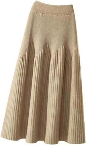 Knitted Midi Skirts Women Solid Pleated A Line Skirt Autumn Winter Korean Elegant High Waist Slim All Match Skirt