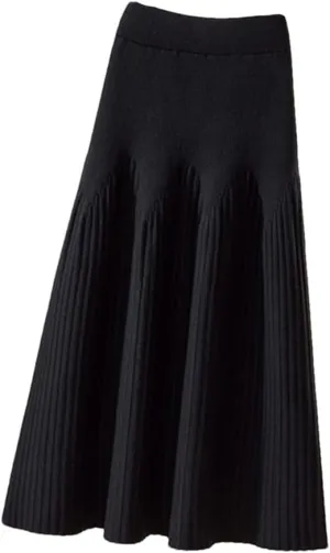 Knitted Midi Skirts Women Solid Pleated A Line Skirt Autumn Winter Korean Elegant High Waist Slim All Match Skirt
