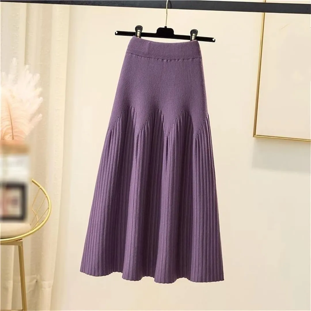 Knitted Midi Skirts Women Solid Pleated A Line Skirt Autumn Winter Korean Elegant High Waist Slim All Match Skirt