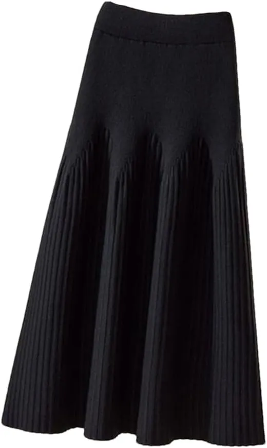 Knitted Midi Skirts Women Solid Pleated A Line Skirt Autumn Winter Korean Elegant High Waist Slim All Match Skirt