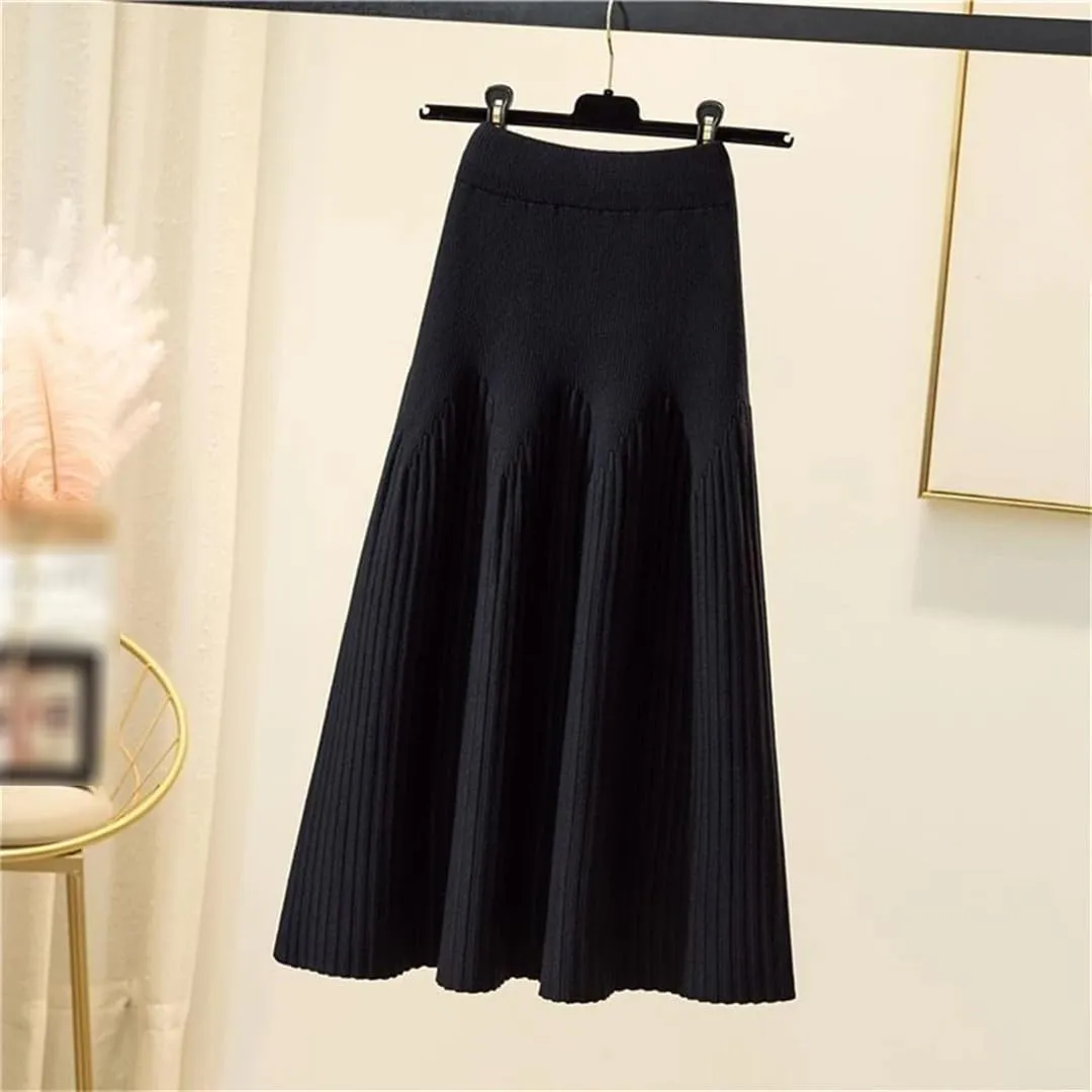 Knitted Midi Skirts Women Solid Pleated A Line Skirt Autumn Winter Korean Elegant High Waist Slim All Match Skirt