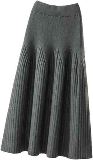 Knitted Midi Skirts Women Solid Pleated A Line Skirt Autumn Winter Korean Elegant High Waist Slim All Match Skirt