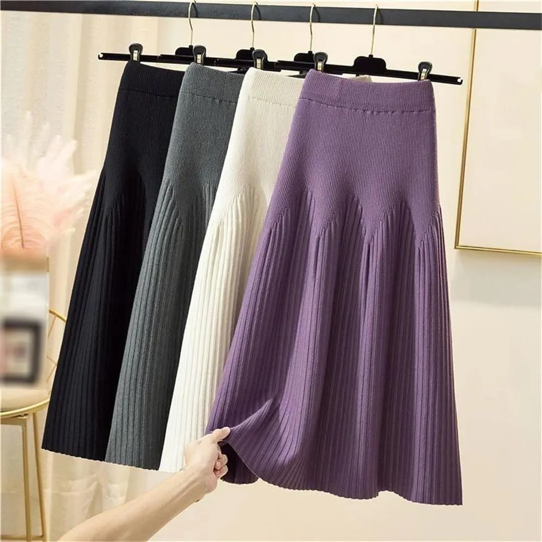 Knitted Midi Skirts Women Solid Pleated A Line Skirt Autumn Winter Korean Elegant High Waist Slim All Match Skirt
