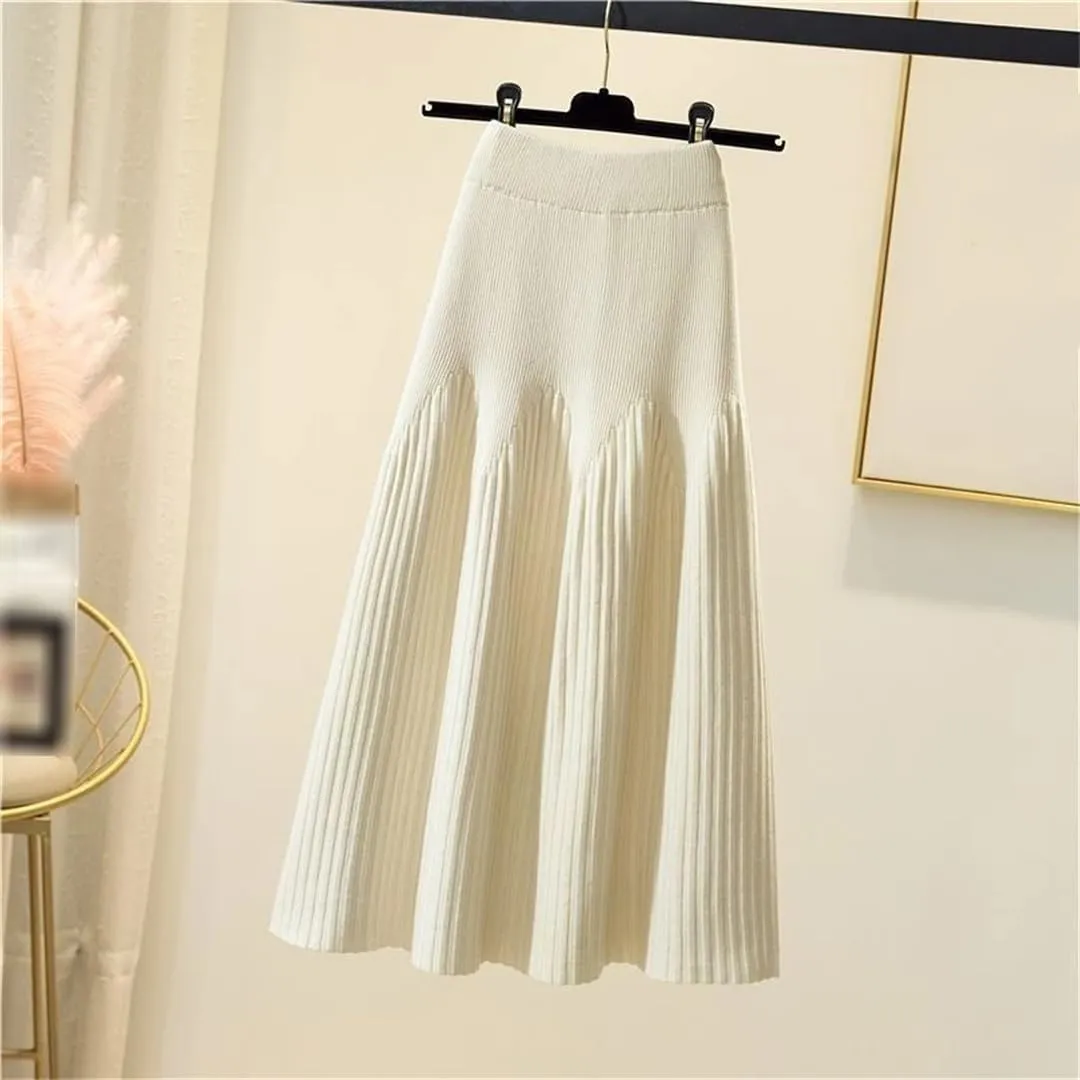 Knitted Midi Skirts Women Solid Pleated A Line Skirt Autumn Winter Korean Elegant High Waist Slim All Match Skirt