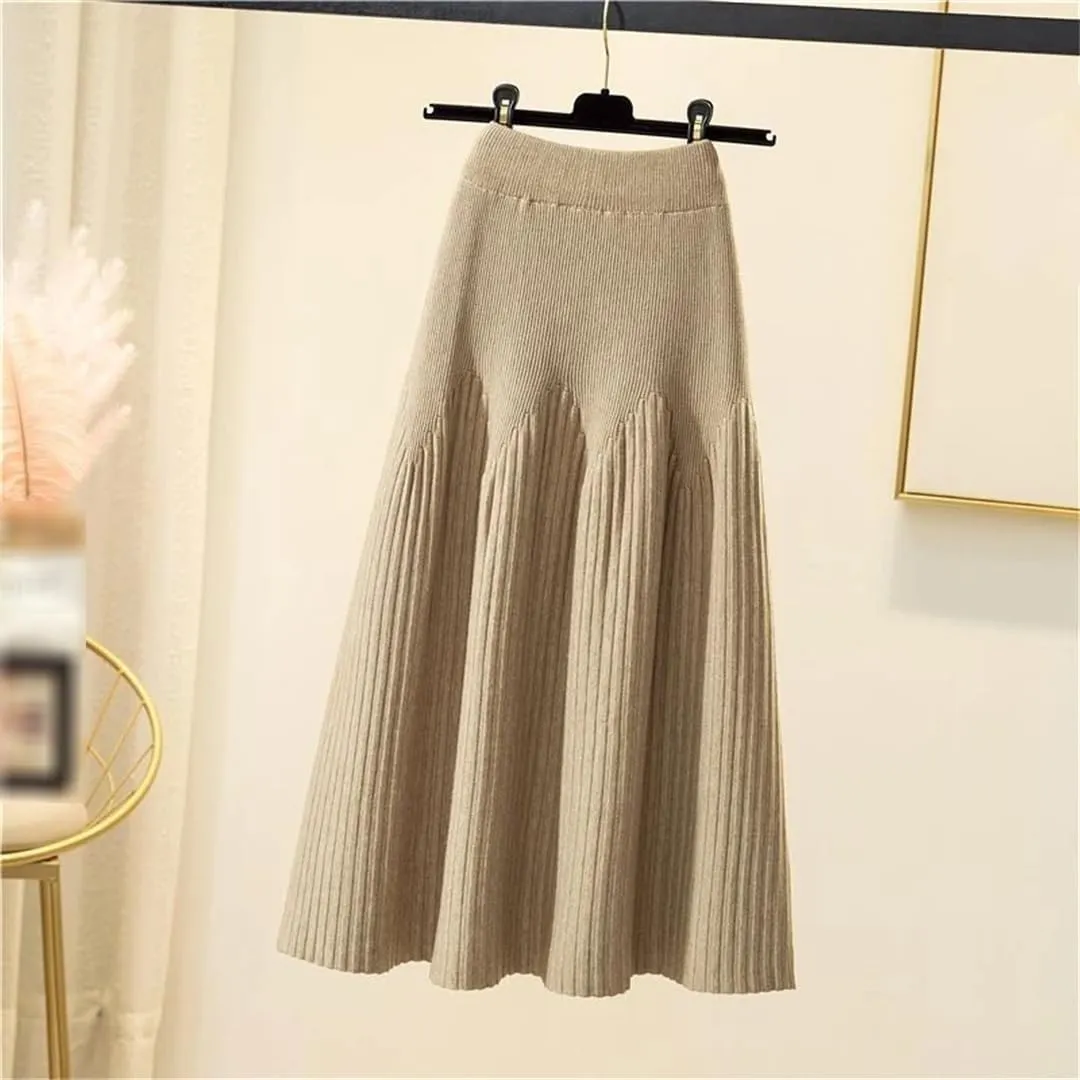 Knitted Midi Skirts Women Solid Pleated A Line Skirt Autumn Winter Korean Elegant High Waist Slim All Match Skirt