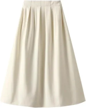 Korean Style High Waist Pleated Skirts Solid Office A-Line Midi Skirt Loose Slim-Looking Skirt