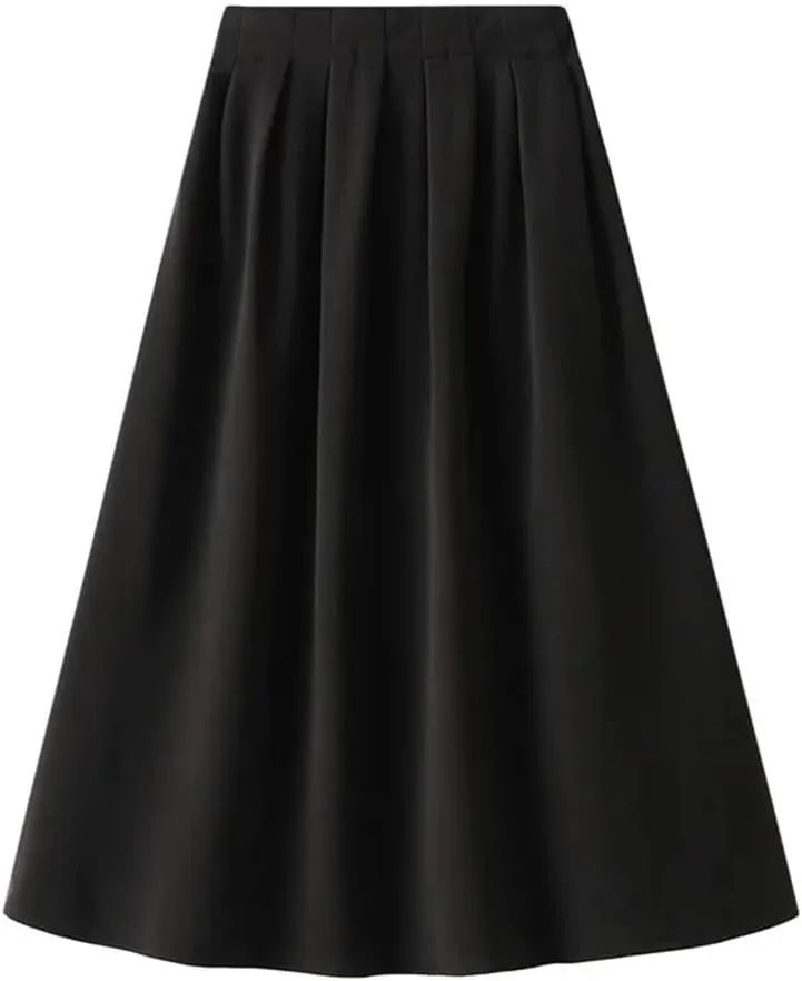 Korean Style High Waist Pleated Skirts Solid Office A-Line Midi Skirt Loose Slim-Looking Skirt
