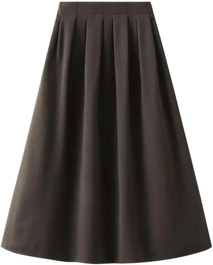 Korean Style High Waist Pleated Skirts Solid Office A-Line Midi Skirt Loose Slim-Looking Skirt