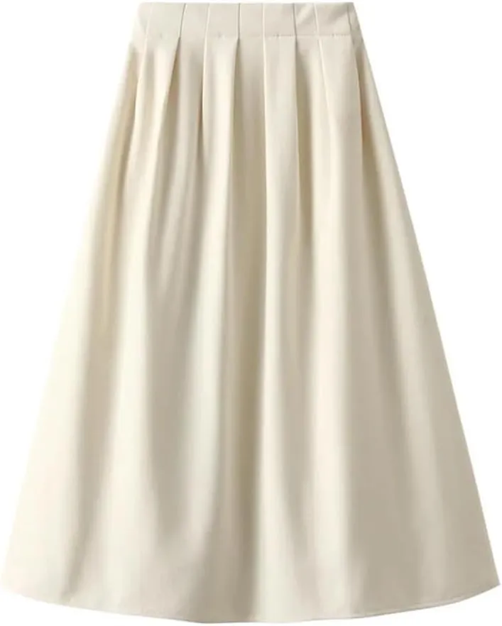 Korean Style High Waist Pleated Skirts Solid Office A-Line Midi Skirt Loose Slim-Looking Skirt