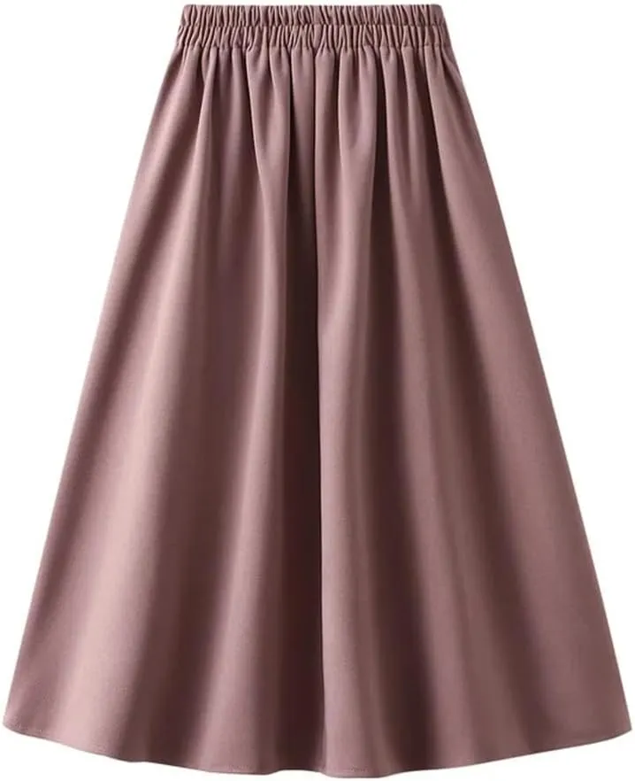 Korean Style High Waist Pleated Skirts Solid Office A-Line Midi Skirt Loose Slim-Looking Skirt